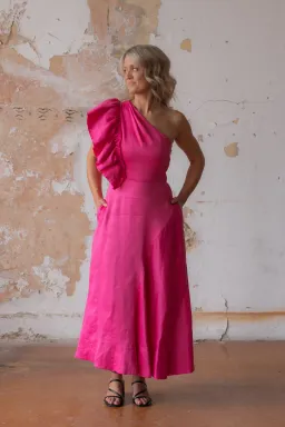 Aje Bonjour Asymmetric A-line Midi Dress Fuchsia Pink Size 8 for rent on The Volte - image 1