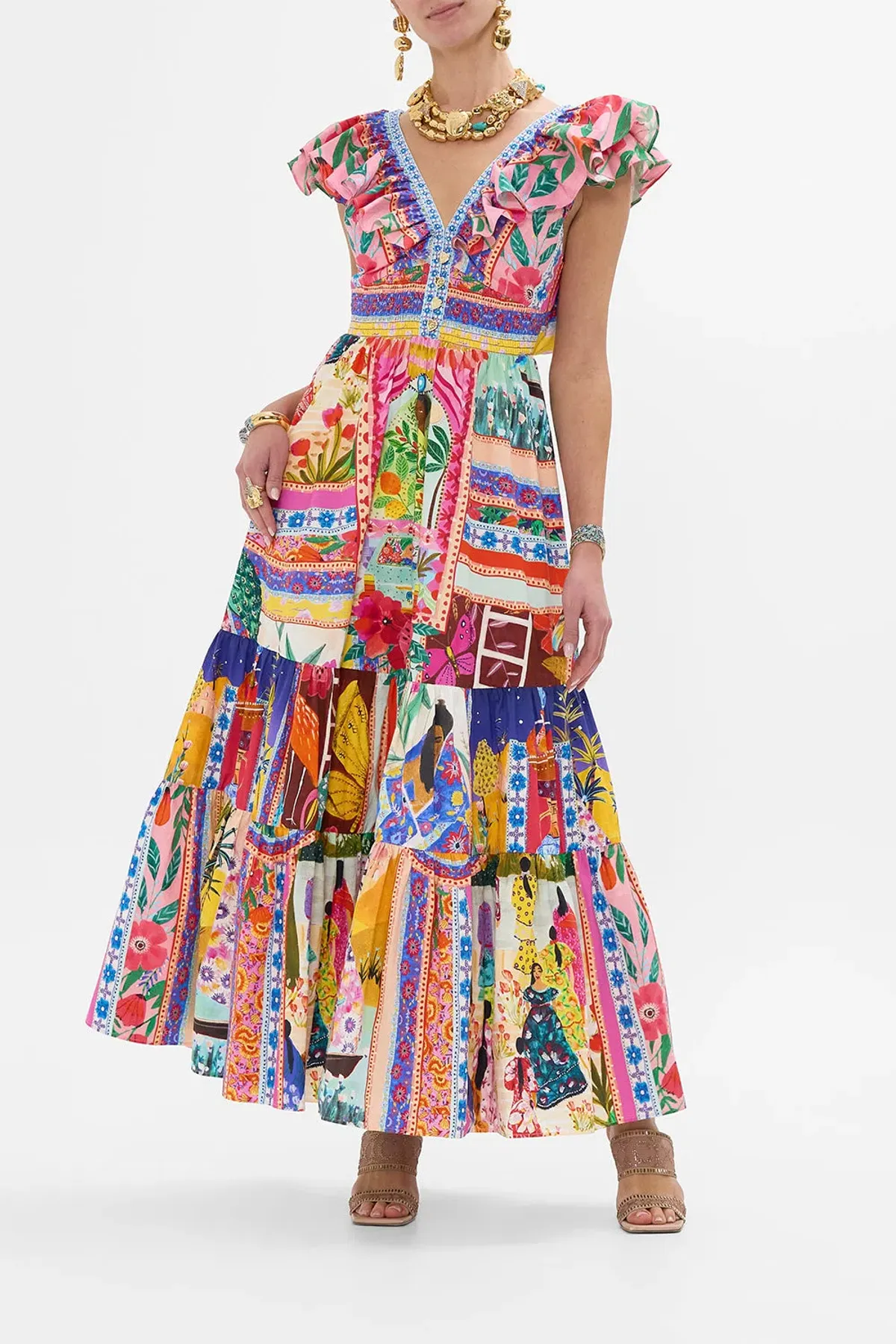 Camilla Roeqiya's Realm Tiered Maxi Dress With Neck Frill Print Size M / AU 12 - Image 1