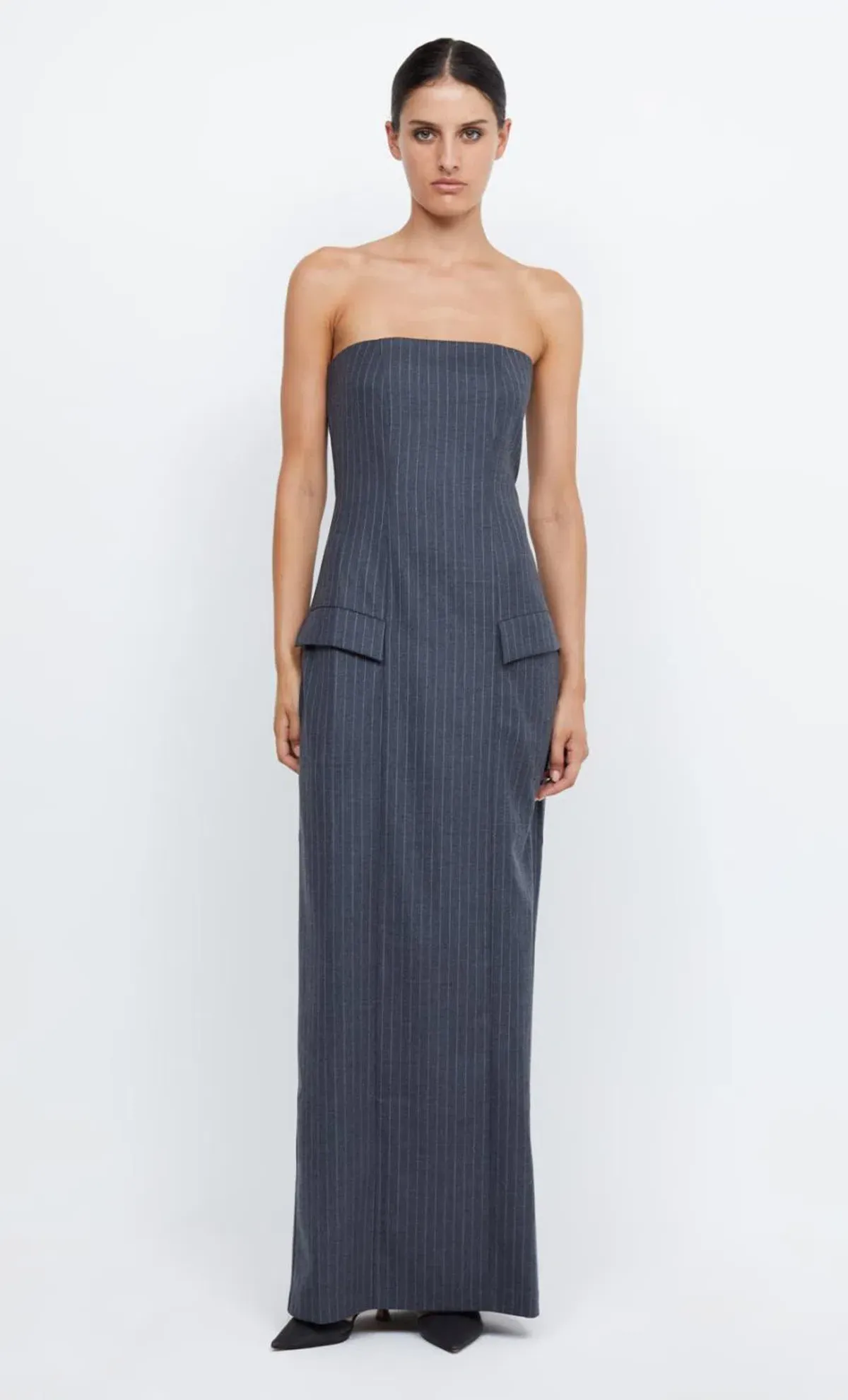 Bec & Bridge Pine Strapless Maxi Dress in Charcoal Pinstripe Size 8 - Image 2