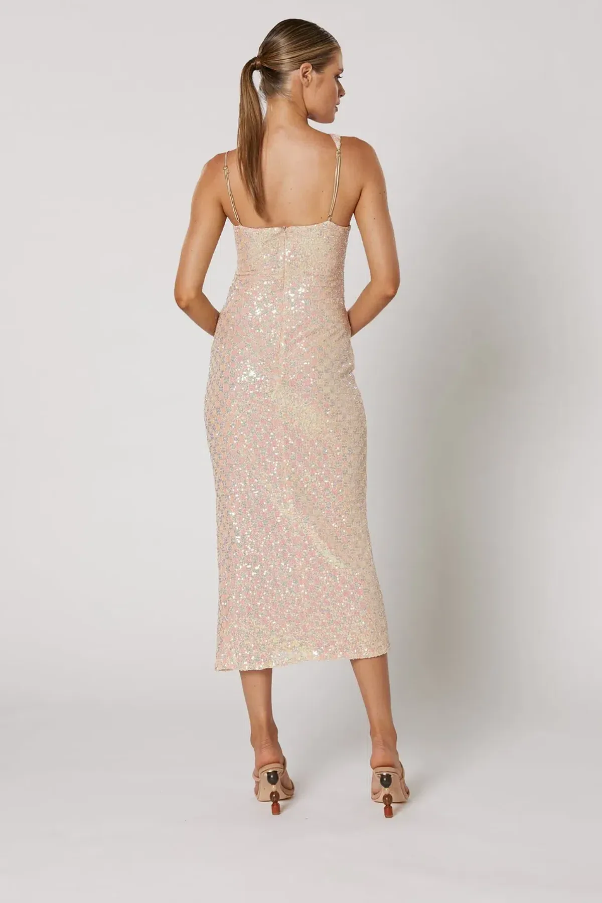 Winona Indeko One shoulder Sequin Midi Dress Pearlescent Peach Size 6 - Image 2
