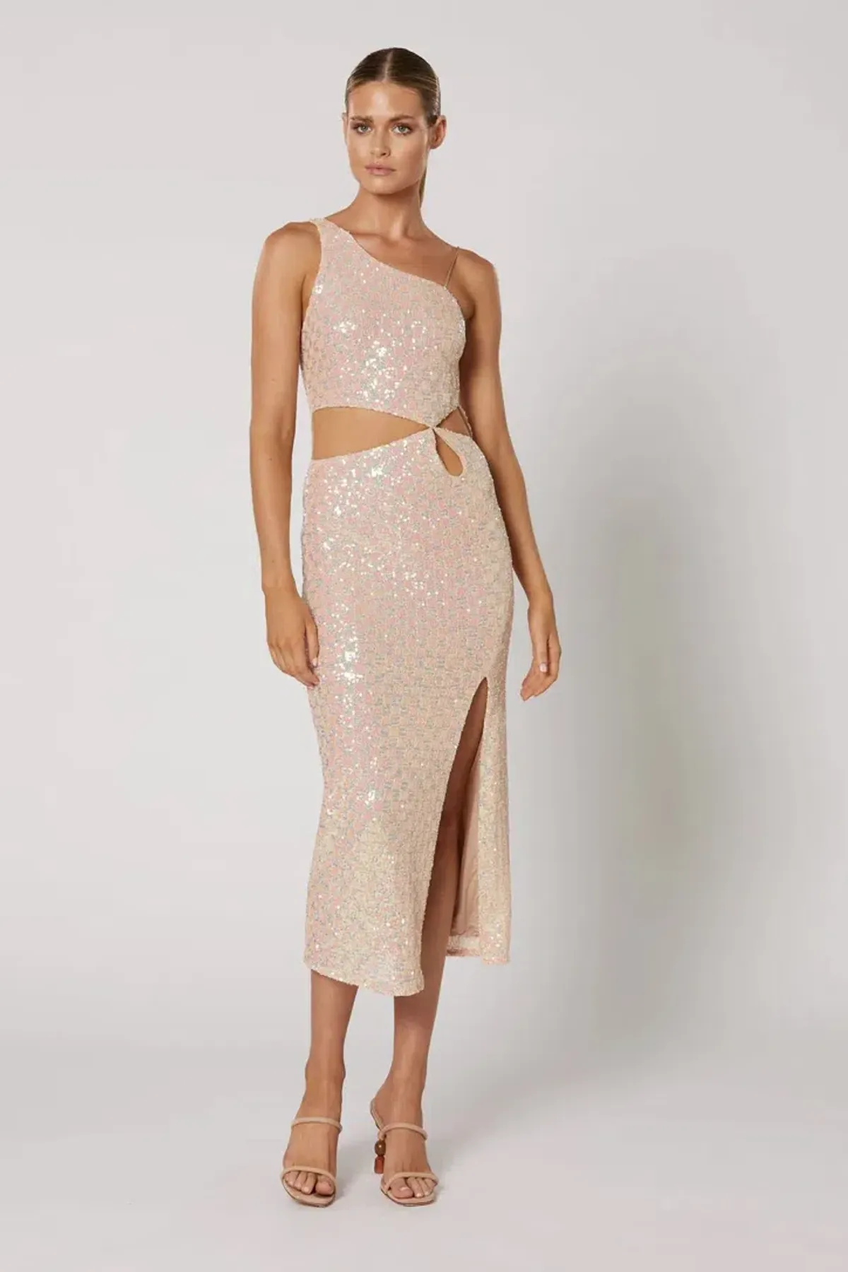 Winona Indeko One shoulder Sequin Midi Dress Pearlescent Peach Size 6 - Image 1