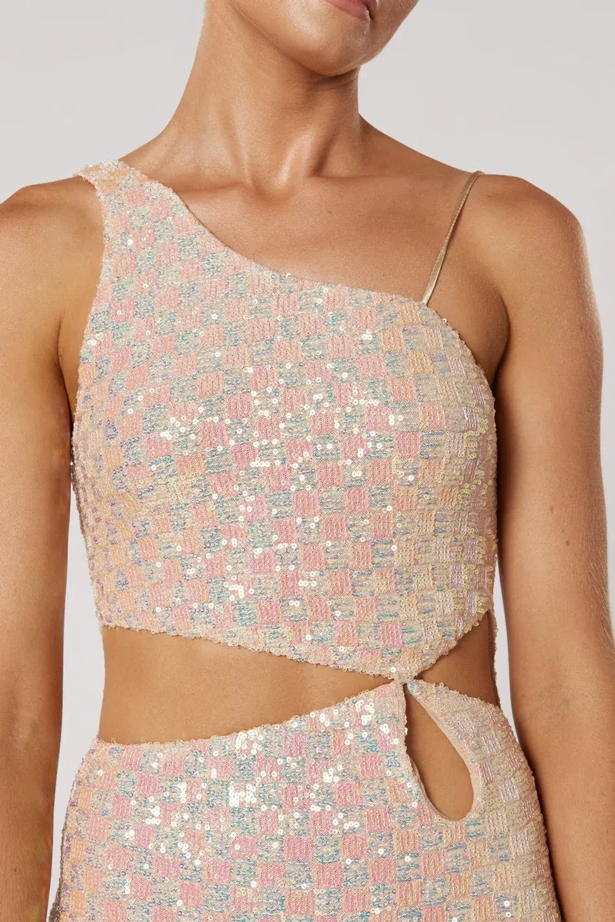 Winona Indeko One shoulder Sequin Midi Dress Pearlescent Peach Size 6 - Image 3