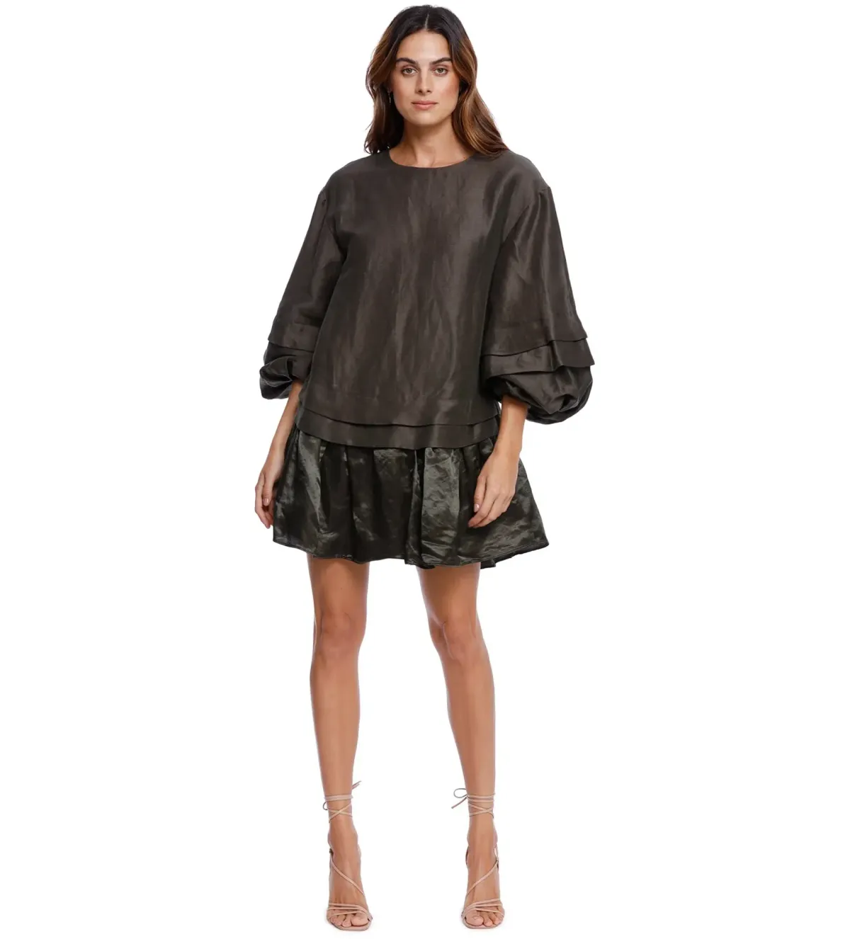 AJE Gracious Smock Dress Khaki Matte Size 8 - Image 1