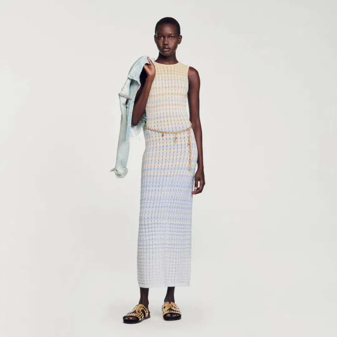 Sandro Pointelle Knit Dress in Blue Ombre Size AU 8 for rent on The Volte - main image