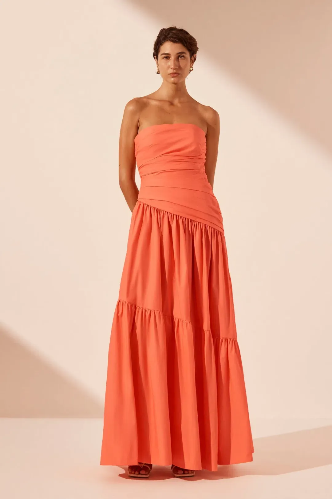 Shona Joy Maiori Strapless Tiered Maxi Dress in Coral Size 6 for rent on The Volte - main image