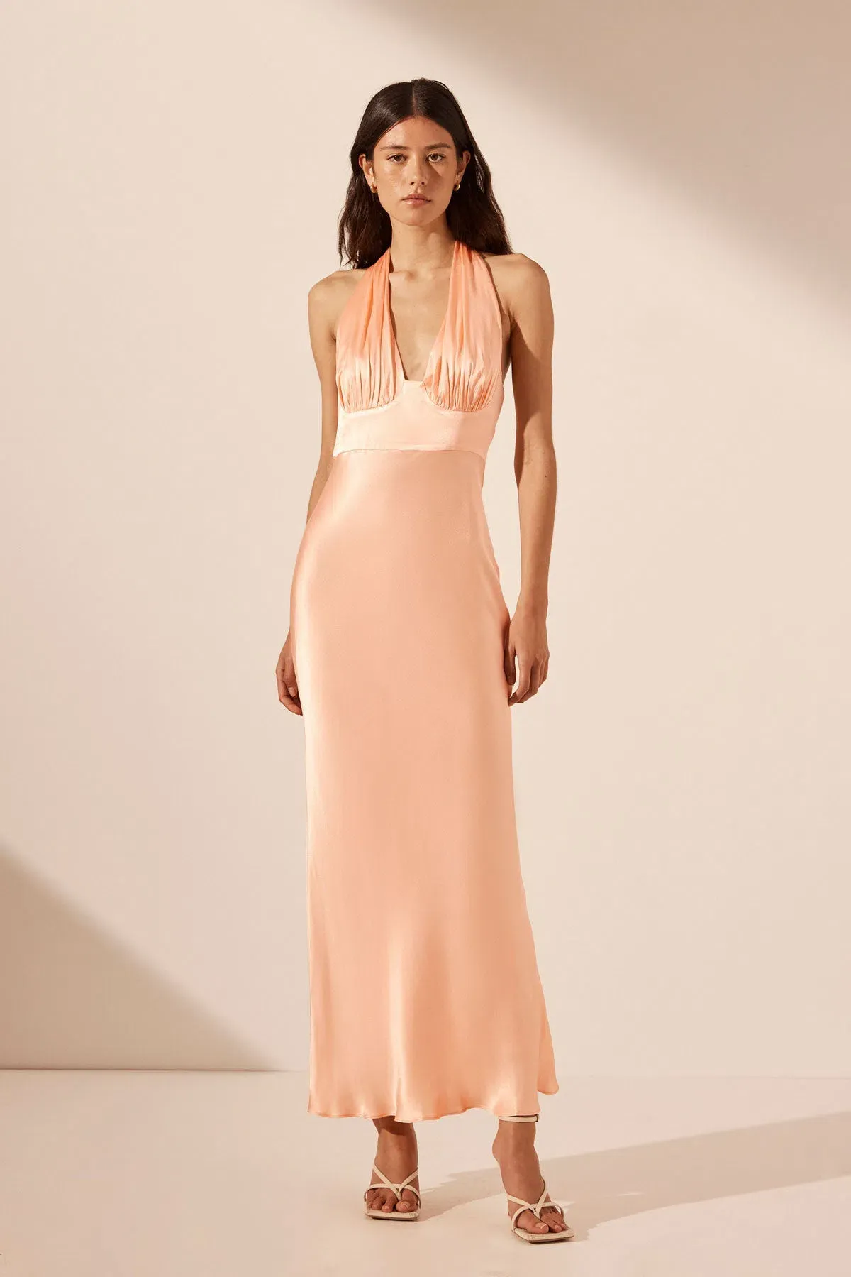 Shona Joy La Lune Plunged Halter Midi Dress Peach Size AU 6 for rent on The Volte - main image