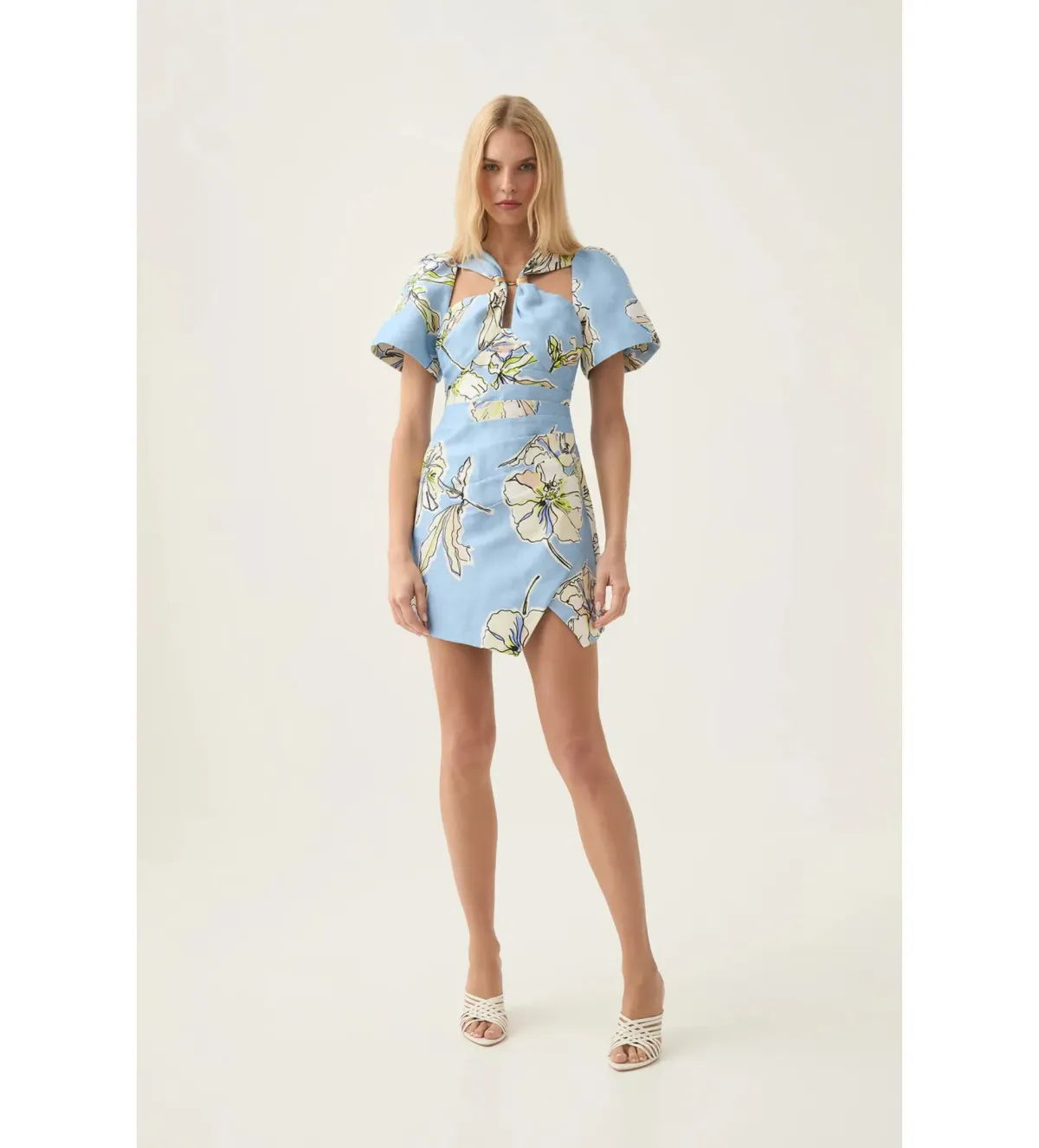 Aje Presence Twisted Mini Dress Blue Hibiscus Print Size AU 10 for rent on The Volte - main image