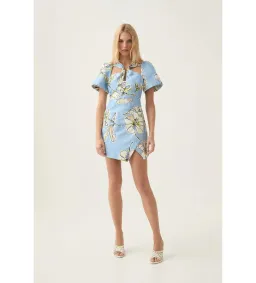 Aje Presence Twisted Mini Dress Blue Hibiscus Print Size AU 10 for rent on The Volte - image 1
