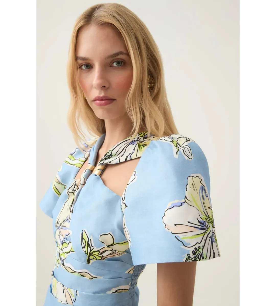 Aje Presence Twisted Mini Dress Blue Hibiscus Print Size AU 10 for rent on The Volte - main image