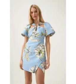 Aje Presence Twisted Mini Dress Blue Hibiscus Print Size AU 10 for rent on The Volte - image 2