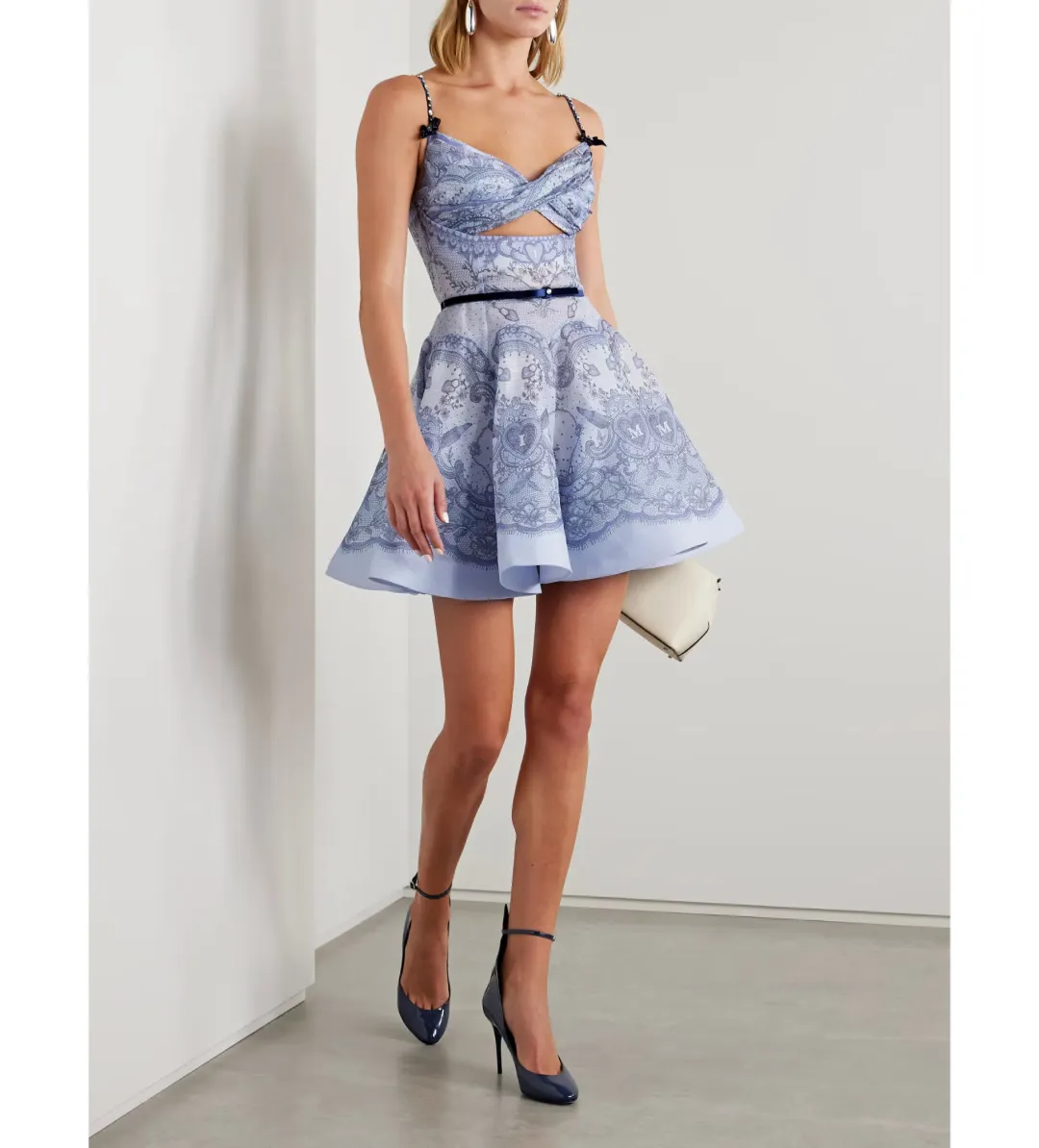 Zimmermann The Crush Twist Front Mini Dress in Blue Lace Print Size 1 / AU 10 for rent on The Volte - main image