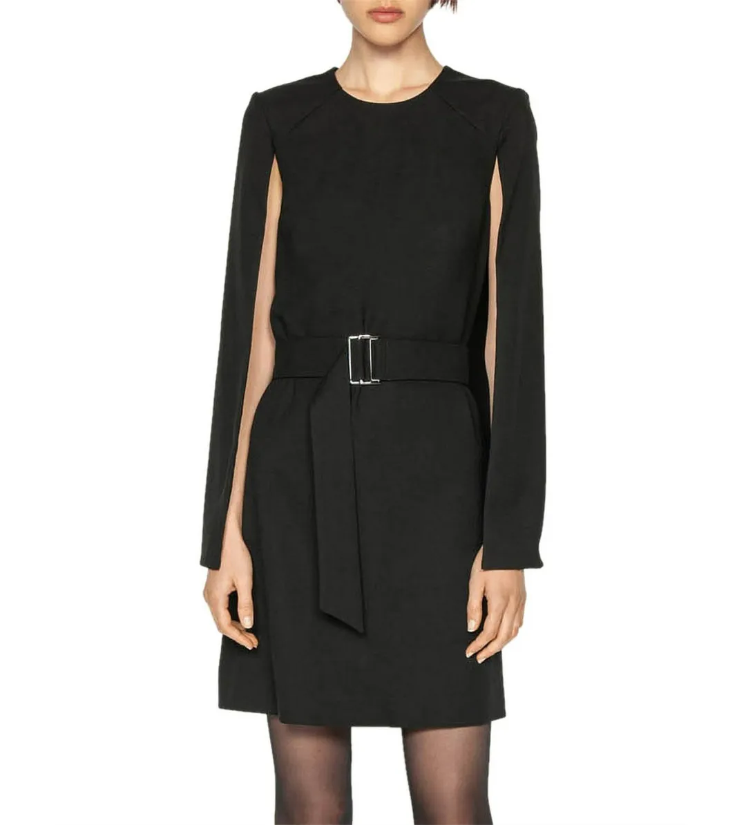 Cue Cape Sleeve Belted Dress Black Size AU 10 for rent on The Volte - main image