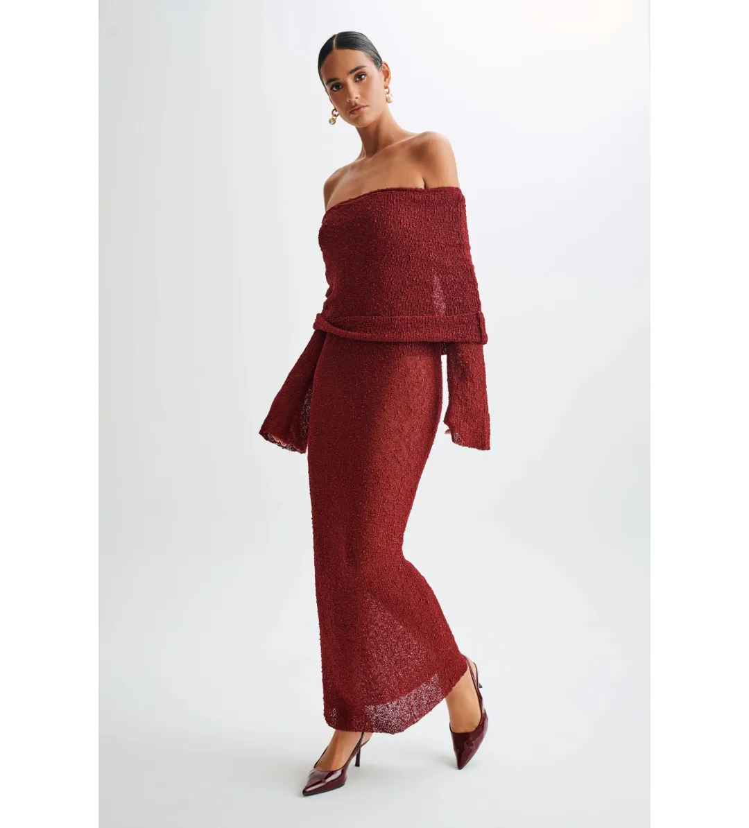 Meshki Marisol Off Shoulder Boucle Maxi Dress Red Size AU 6 for rent on The Volte - main image