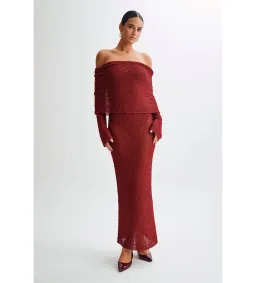 Meshki Marisol Off Shoulder Boucle Maxi Dress Red Size AU 6 for rent on The Volte - image 1