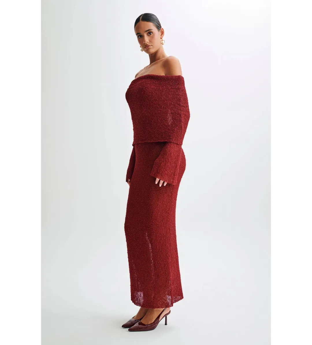 Meshki Marisol Off Shoulder Boucle Maxi Dress Red Size AU 6 for rent on The Volte - main image