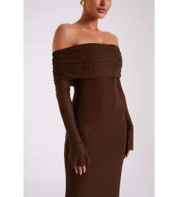 Meshki Marcel Off Shoulder Diamante Maxi Dress Brown Size AU 10 for rent on The Volte - image 6