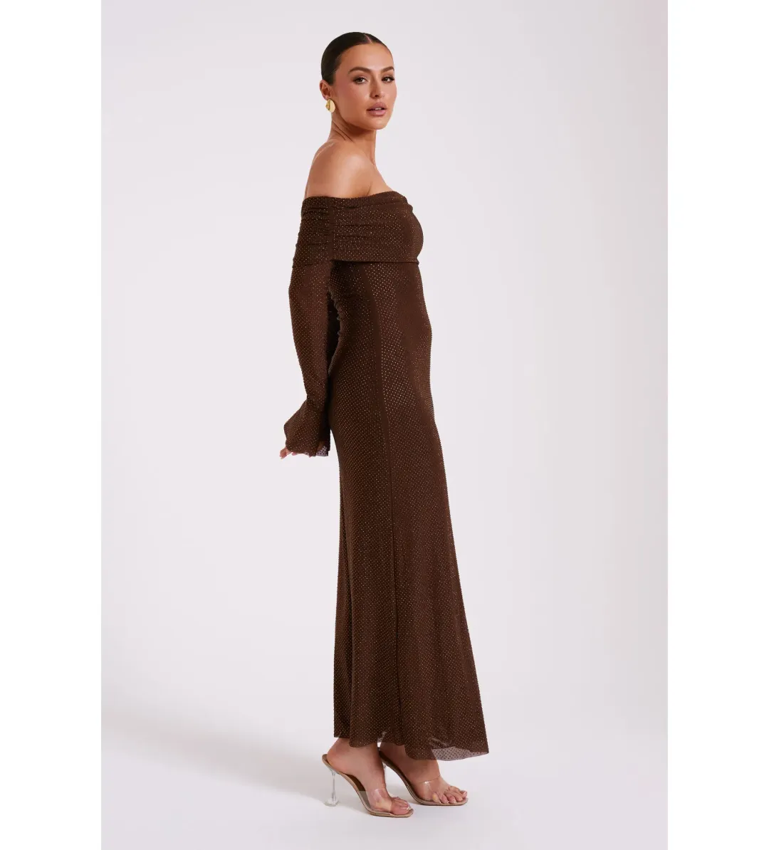 Meshki Marcel Off Shoulder Diamante Maxi Dress Brown Size AU 10 for rent on The Volte - main image