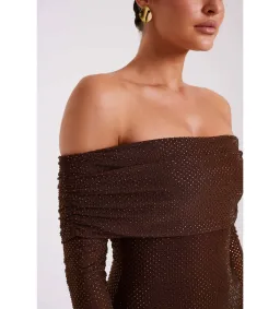 Meshki Marcel Off Shoulder Diamante Maxi Dress Brown Size AU 10 for rent on The Volte - image 7