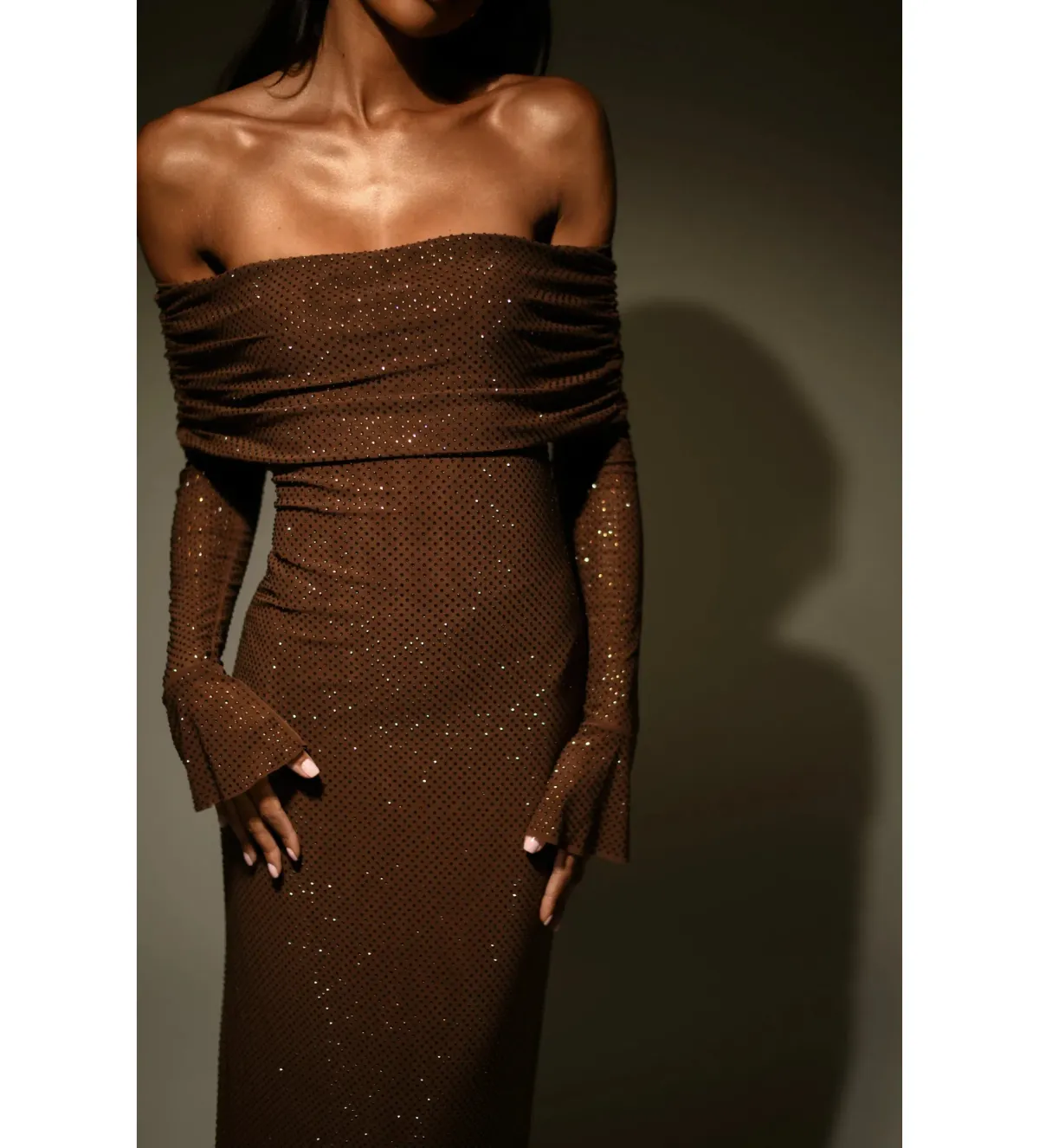 Meshki Marcel Off Shoulder Diamante Maxi Dress Brown Size AU 10 - Image 10