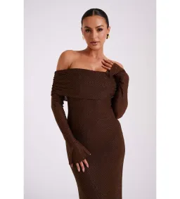 Meshki Marcel Off Shoulder Diamante Maxi Dress Brown Size AU 10 for rent on The Volte - image 5