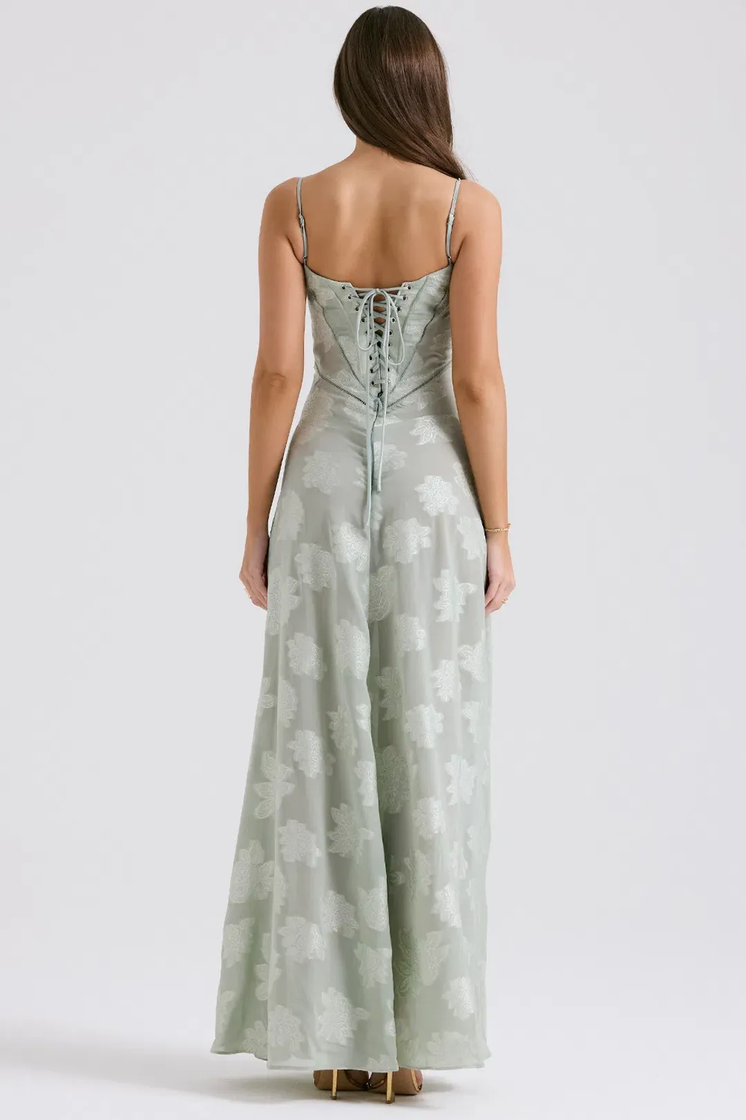 House of CB Seren Lace Back Maxi Dress Pistachio Floral Size XS / AU 6 for rent on The Volte - main image