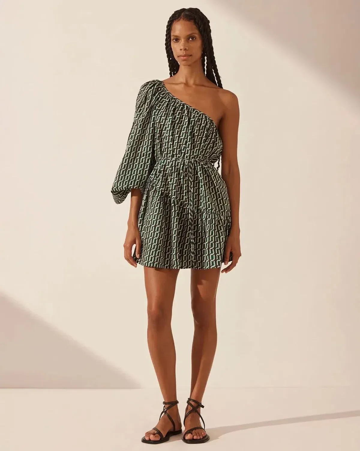Shona Joy Ida Long Sleeve One Shoulder Tiered Mini Dress Print Size 6 for rent on The Volte - main image