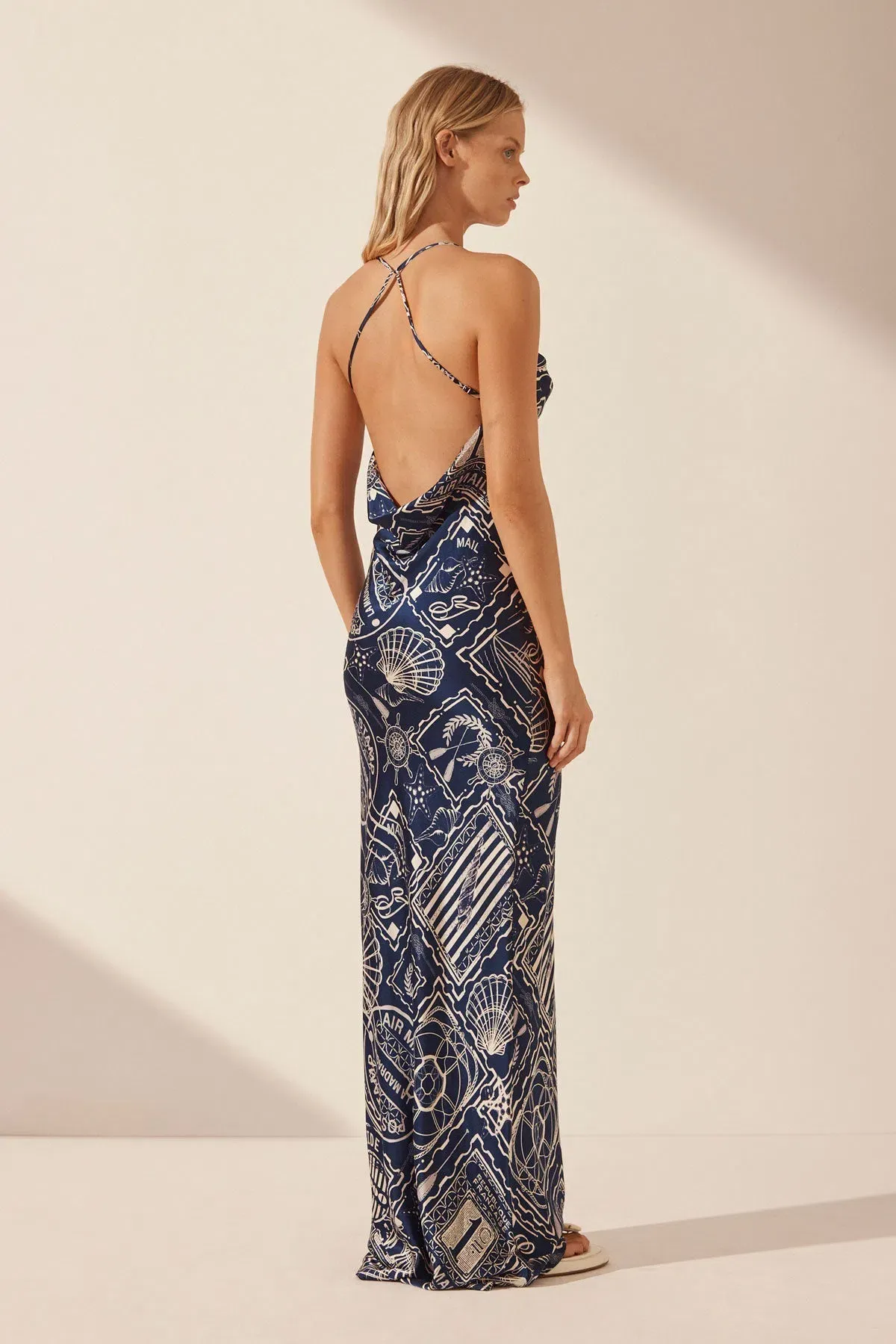 Shona Joy Mer Silk Double Cowl Bias Maxi Dress Navy/Ivory Print Size 6 - Image 3