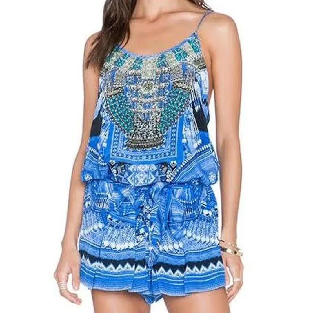 Camilla A World Between The Warp Playsuit Print Blue Size 6/XS for rent on The Volte - main image