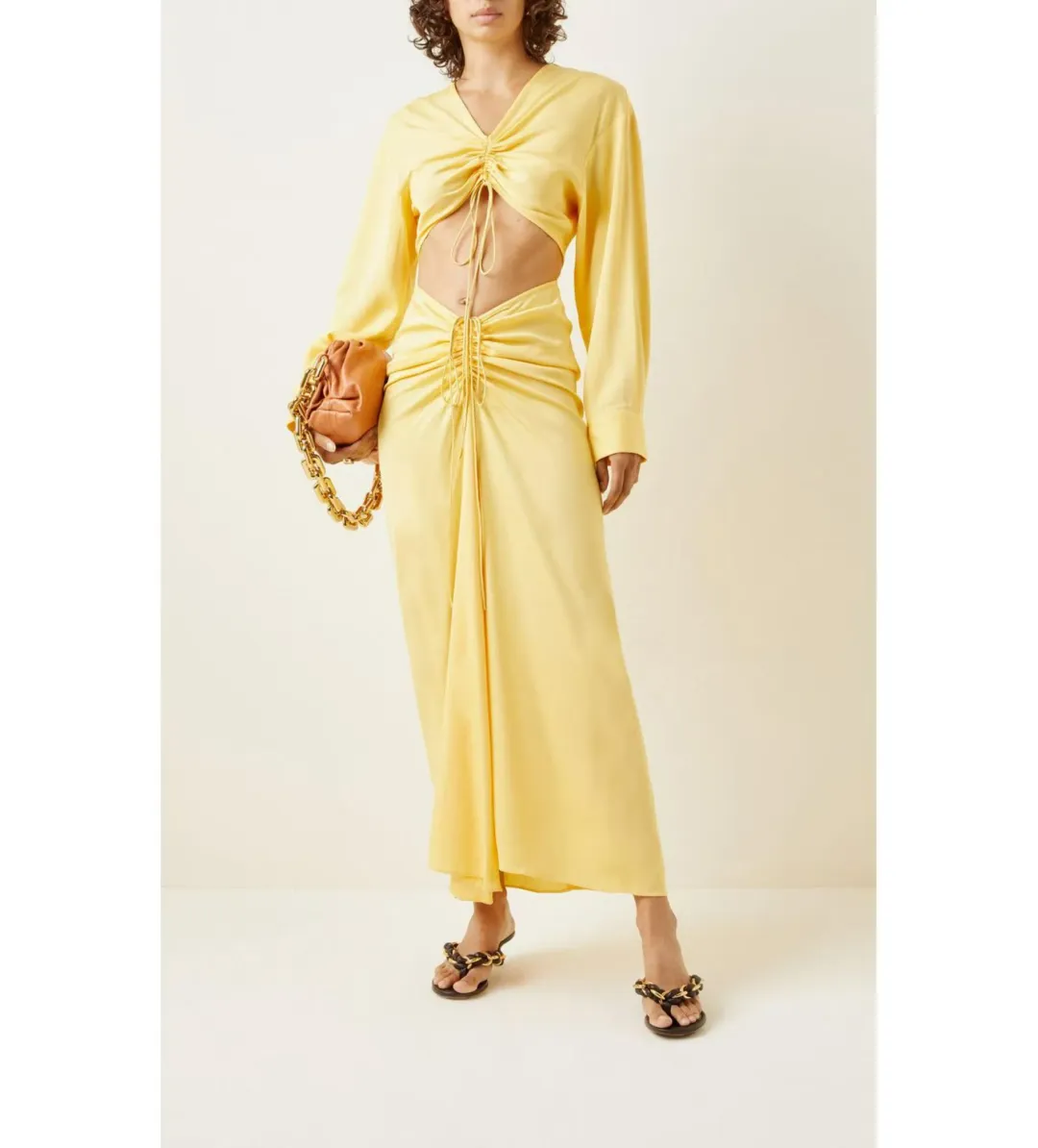 Christopher Esber Ruched Crop and Skirt In Chalky Yellow Size AU 8 for rent on The Volte - main image