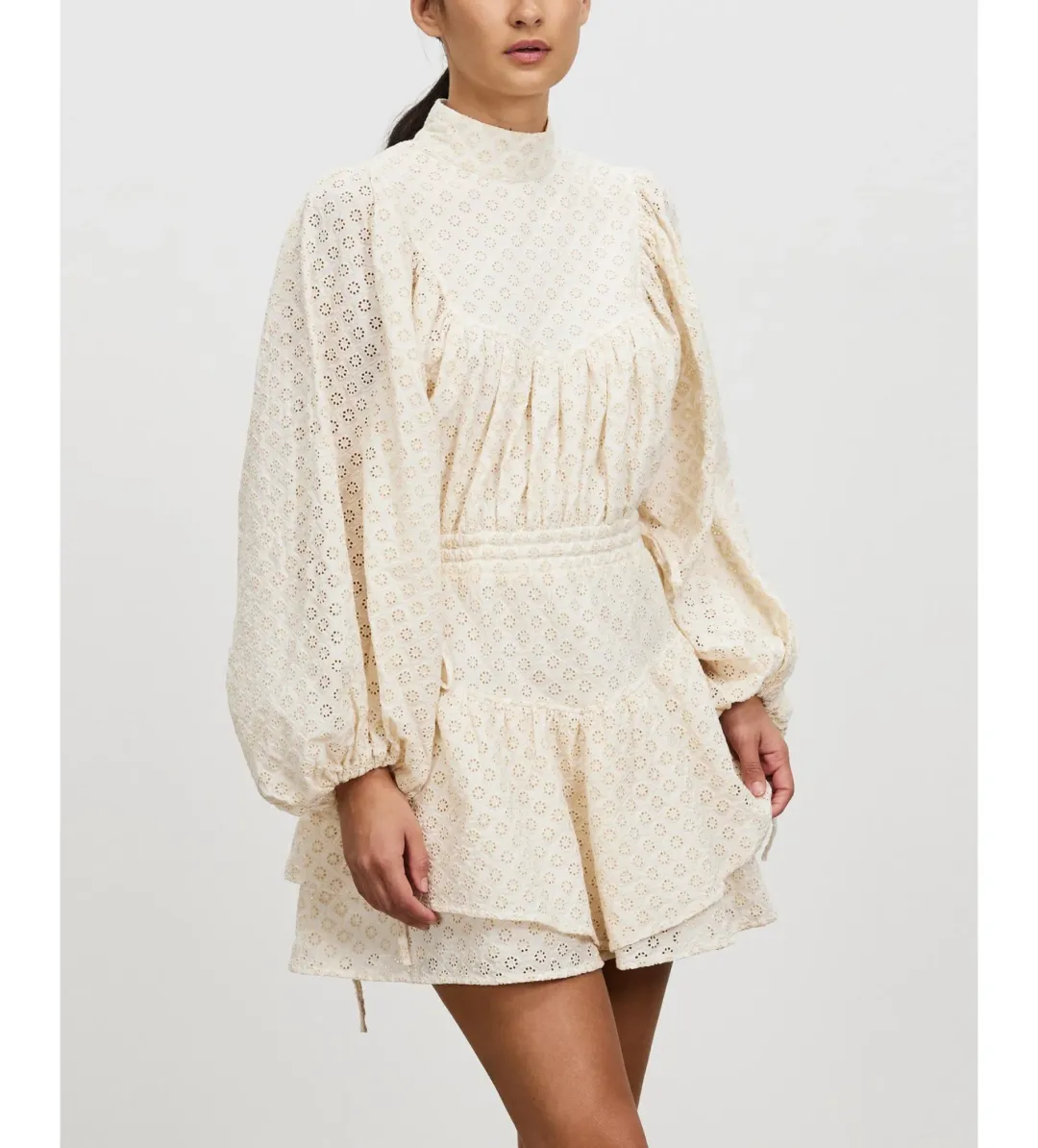 Shona Joy Poppy High Neck Balloon Sleeve Mini Dress Beige Size 10 for rent on The Volte - main image