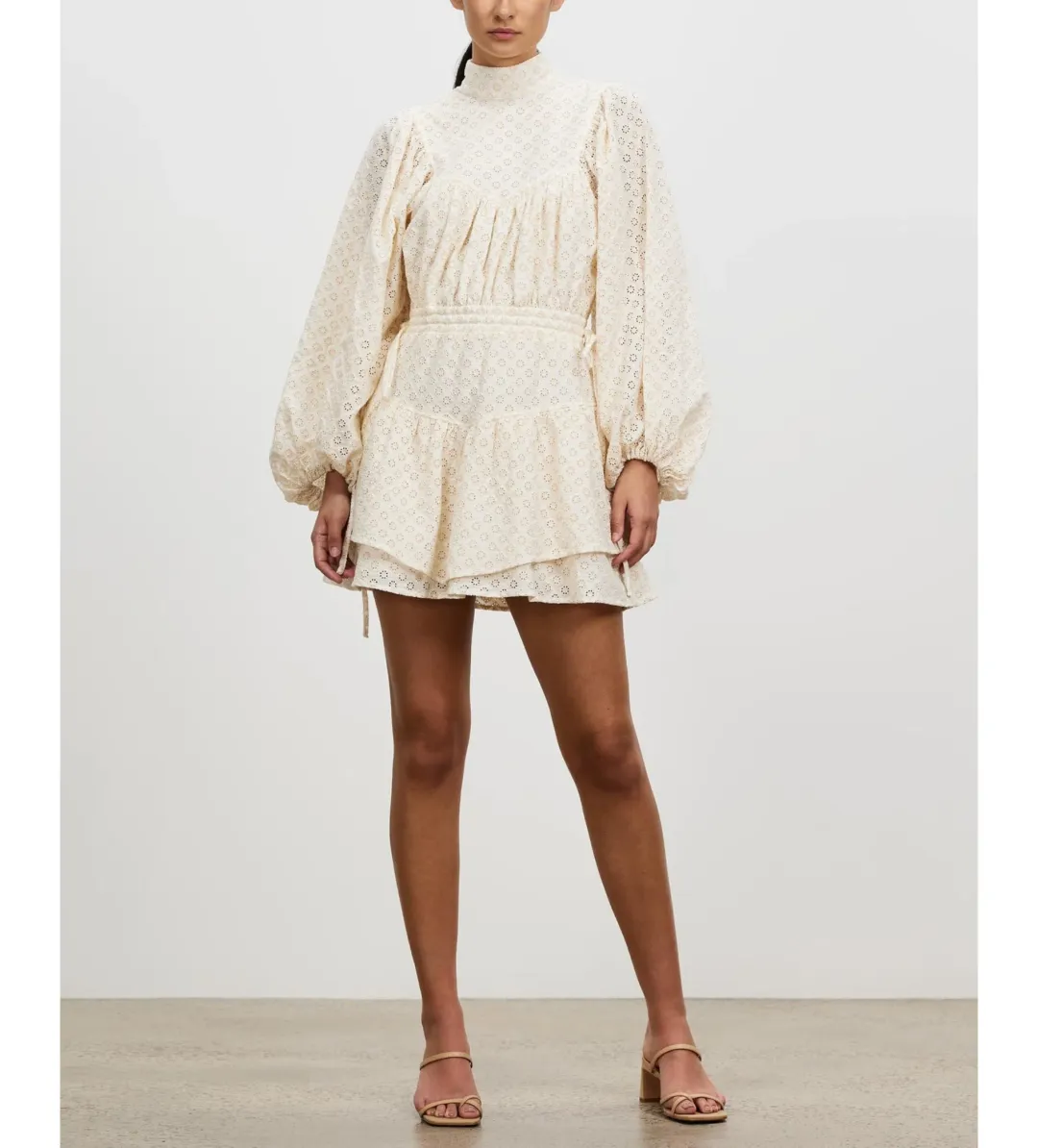 Shona Joy Poppy High Neck Balloon Sleeve Mini Dress Beige Size 10 for rent on The Volte - main image