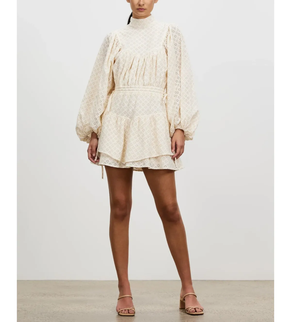 Shona Joy Poppy High Neck Balloon Sleeve Mini Dress Beige Size 10 - Image 1