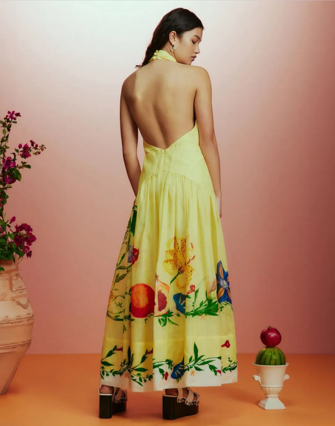 Alemais Dahlia Halter Gown Midi Yellow Print Size AU 10 for rent on The Volte - main image