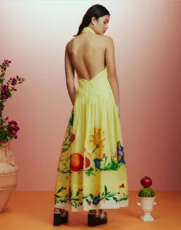 Alemais Dahlia Halter Gown Midi Yellow Print Size AU 10 for rent on The Volte - image 3