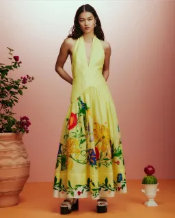 Alemais Dahlia Halter Gown Midi Yellow Print Size AU 10 for rent on The Volte - image 1