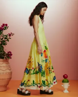 Alemais Dahlia Halter Gown Midi Yellow Print Size AU 10 for rent on The Volte - image 2