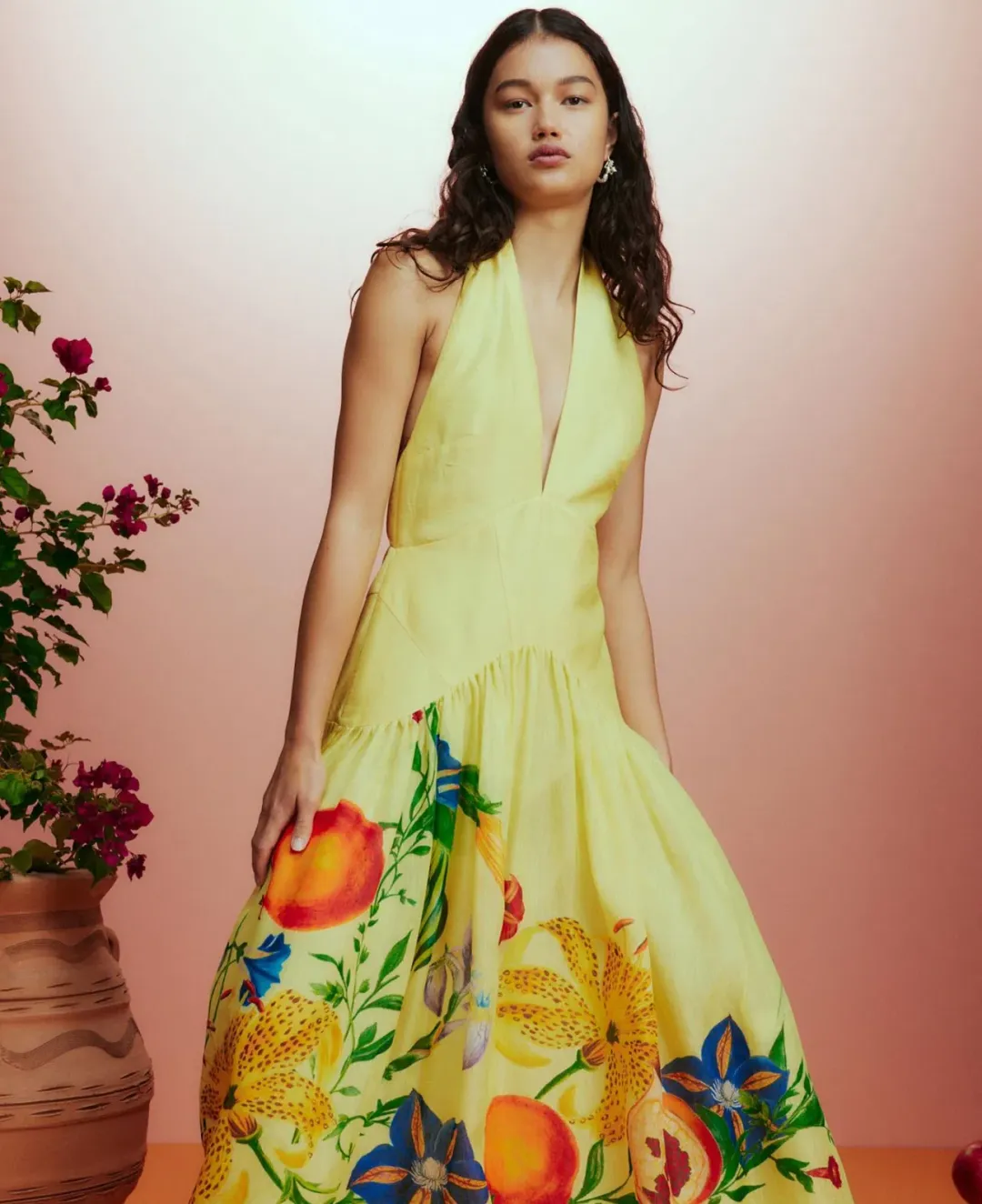 Alemais Dahlia Halter Gown Midi Yellow Print Size AU 10 for rent on The Volte - main image