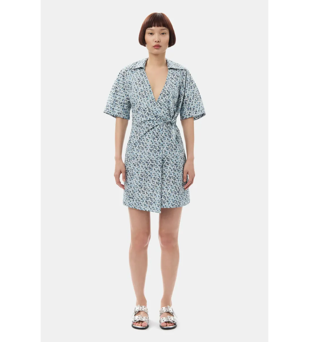 Ganni Blue Floral Printed Cotton Wrap Mini Dress in Glacier Lake Size AU 10 for rent on The Volte - main image