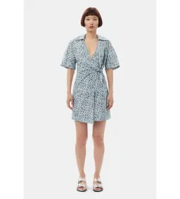 Ganni Blue Floral Printed Cotton Wrap Mini Dress in Glacier Lake Size AU 10 for rent on The Volte - image 2