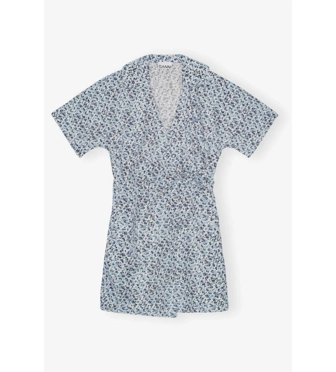 Ganni Blue Floral Printed Cotton Wrap Mini Dress in Glacier Lake Size AU 10 for rent on The Volte - main image