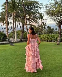 Innika Choo Schiffli Scallop Frill Maxi Dress Pink One Size for rent on The Volte - image 2