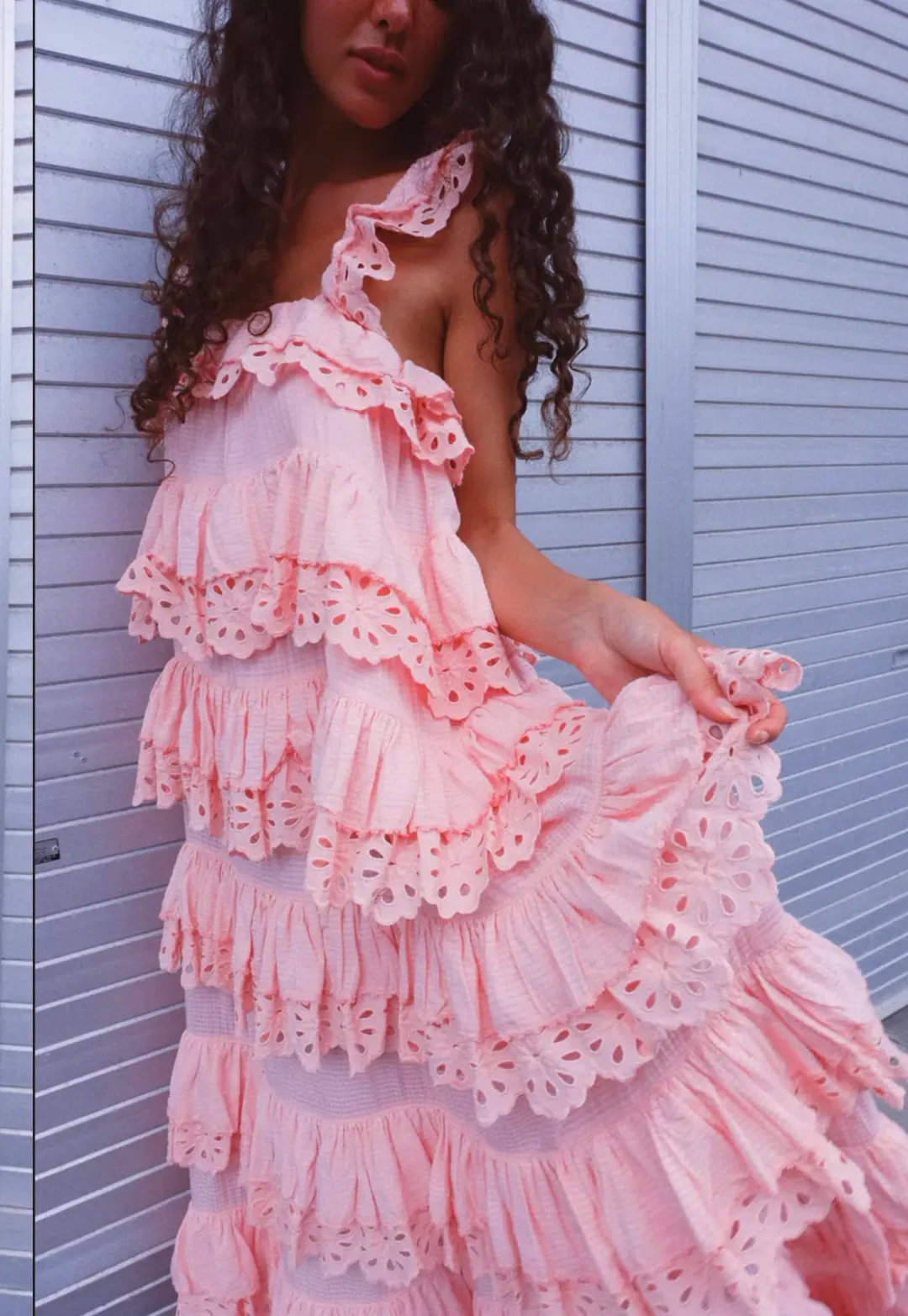 Innika Choo Schiffli Scallop Frill Maxi Dress Pink One Size for rent on The Volte - main image