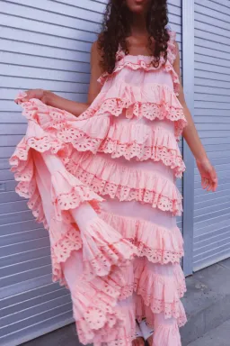 Innika Choo Schiffli Scallop Frill Maxi Dress Pink One Size for rent on The Volte - image 3