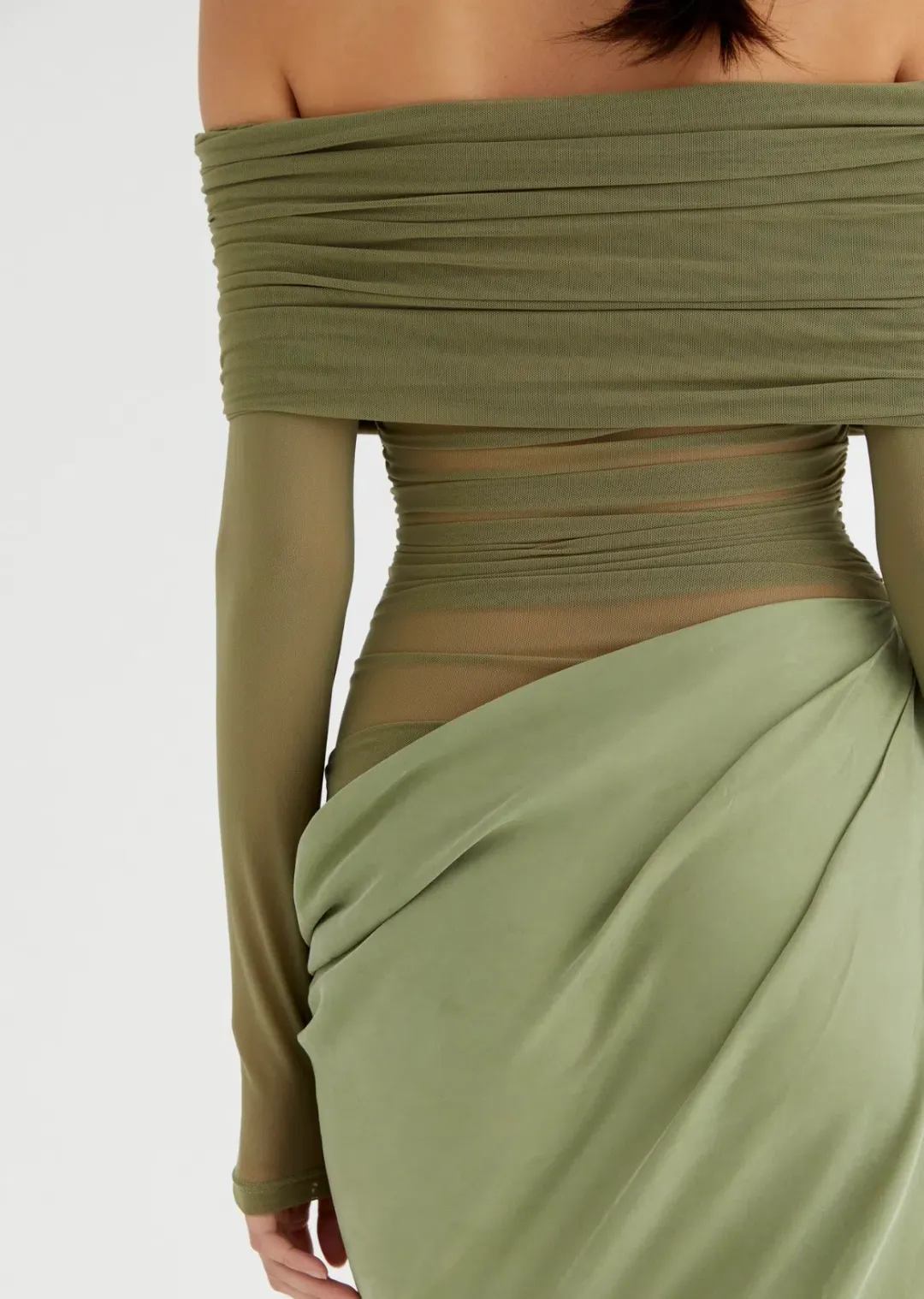 Benni Yasmin Off Shoulder Maxi Dress Pistachio Green Size 10 for rent on The Volte - main image
