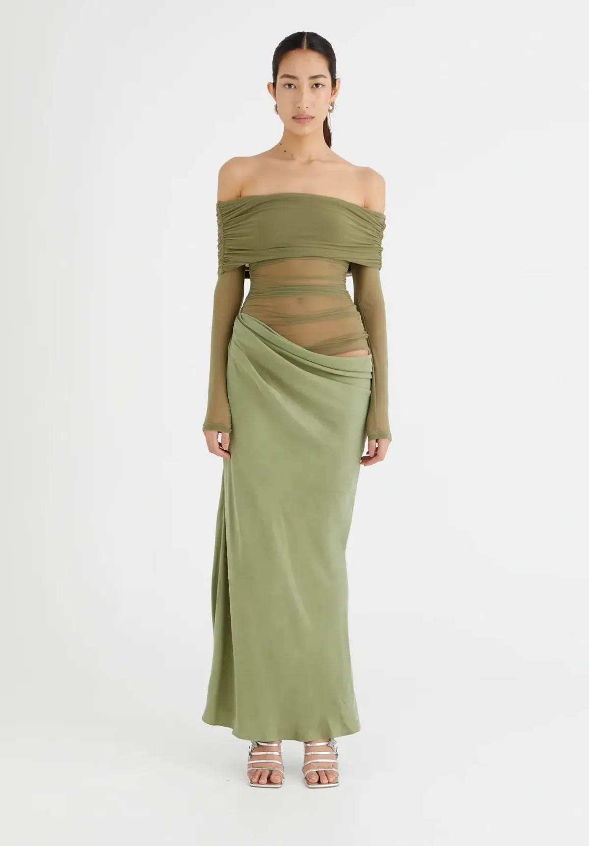 Benni Yasmin Off Shoulder Maxi Dress Pistachio Green Size 10 for rent on The Volte - main image