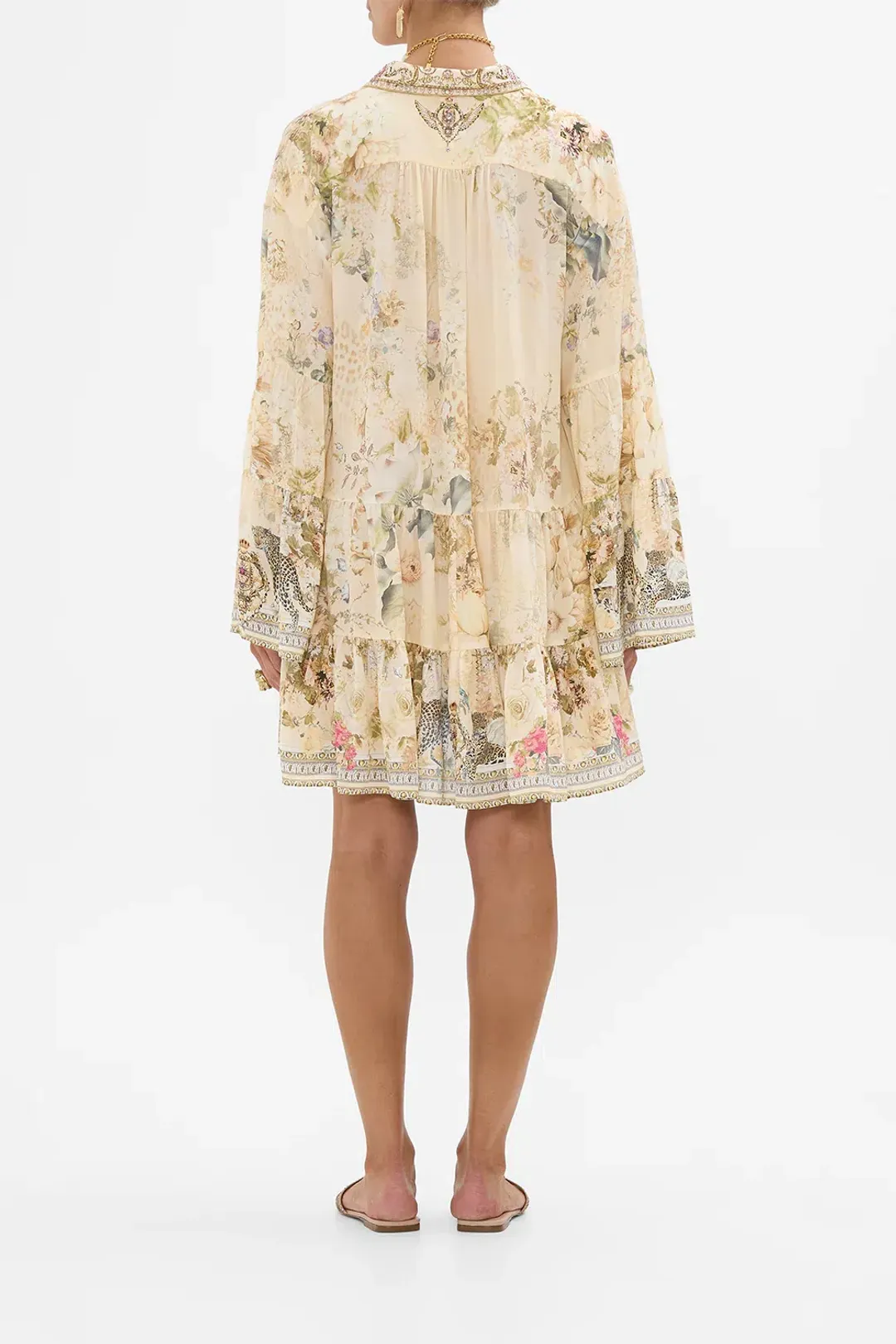Camilla Tiered Mini Dress With Collar Adorned In Antiquity Size S / AU 10 for rent on The Volte - main image