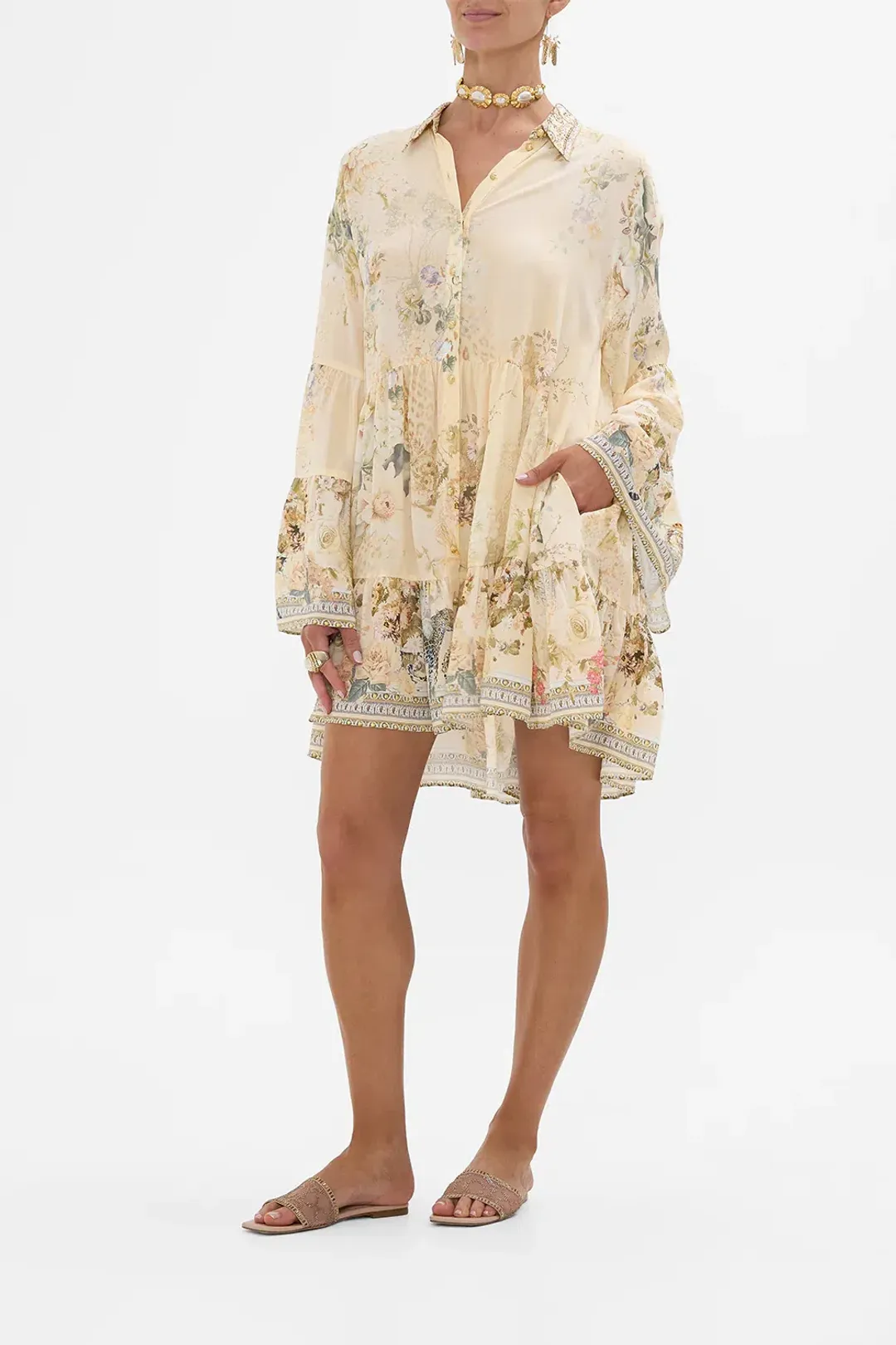 Camilla Tiered Mini Dress With Collar Adorned In Antiquity Size S / AU 10 for rent on The Volte - main image