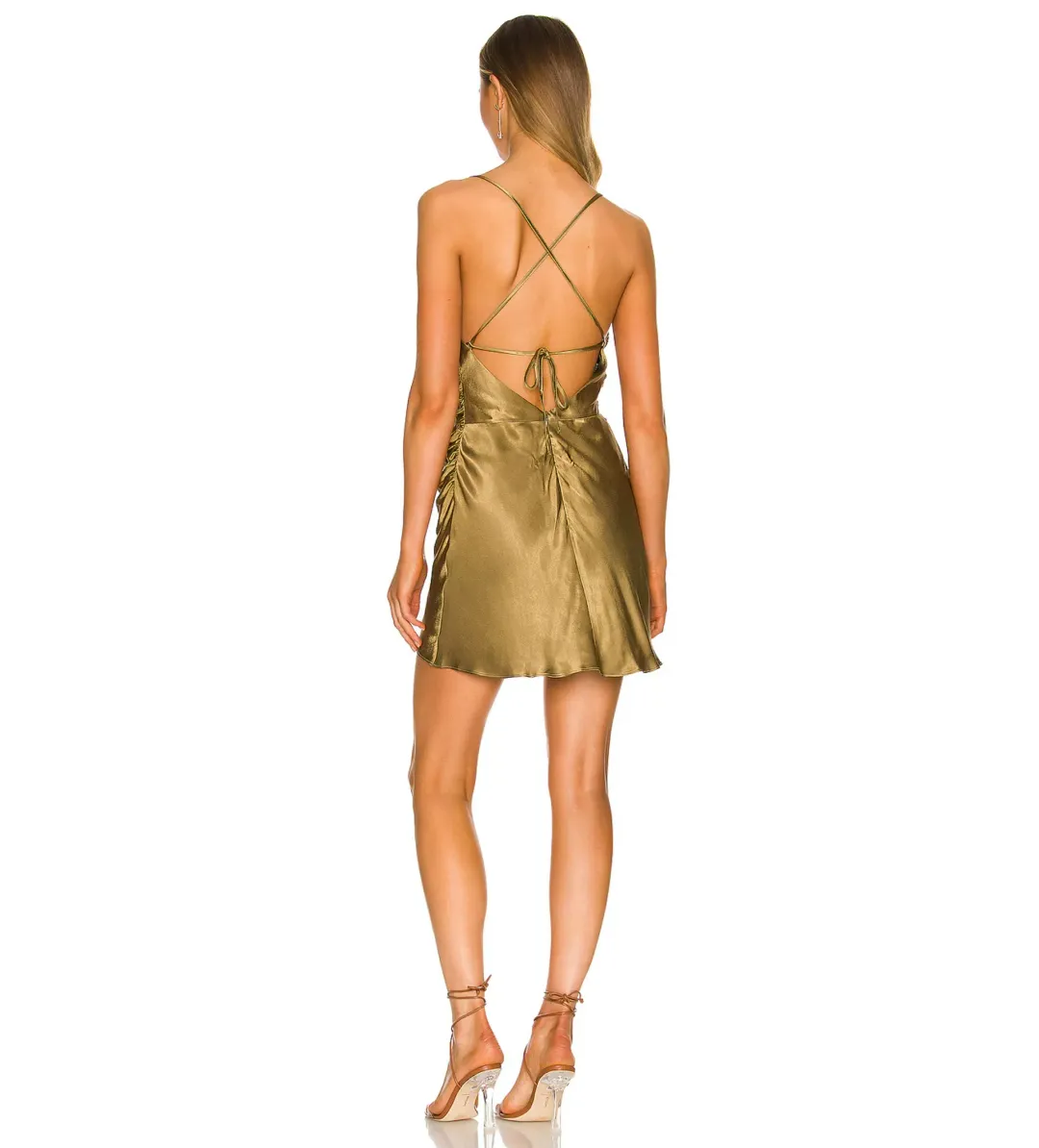 Shona Joy Alma Asymmetrical Bias Cowl Mini Dress in Cumin Green Size AU 6 for rent on The Volte - main image
