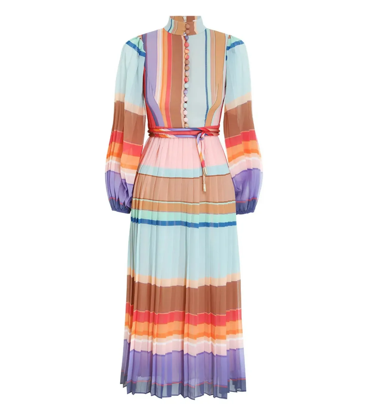 Zimmermann Rainbow Striped Crepe De Chine Midi Dress Multi Size 0 /AU 8 - Image 4
