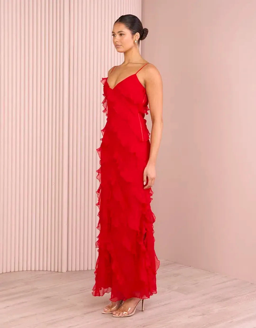 Azzurielle Penelope Ruffle Red Maxi Dress Size 8 for rent on The Volte - main image